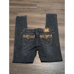 LA Idol USA Skinny Jeans Size 9 Dark Wash Leopard Print Rhinestone Embellished